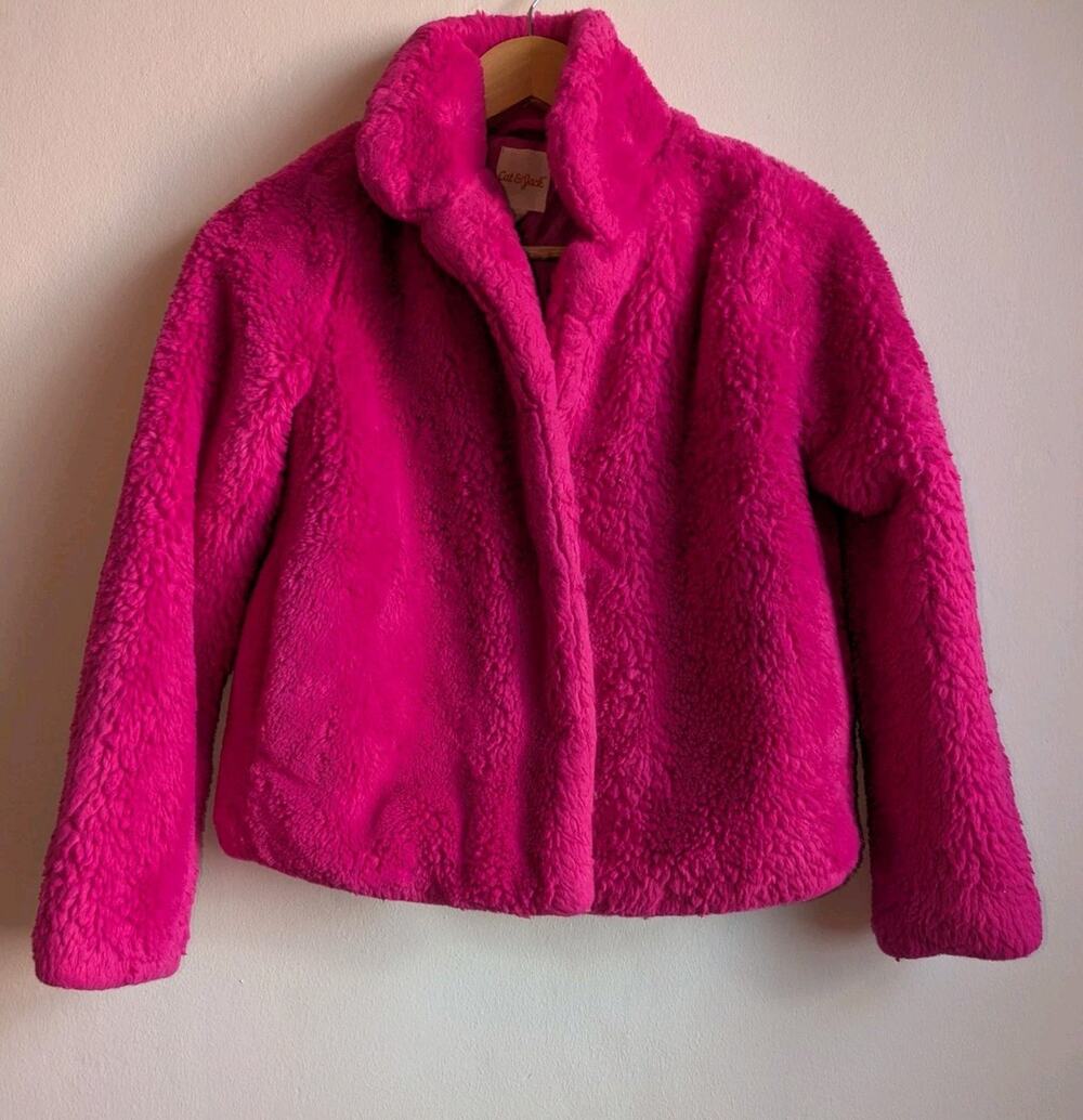 Cat & Jack Faux Fur Jacket Girls Pink Pockets Fully Lined Soft Size L